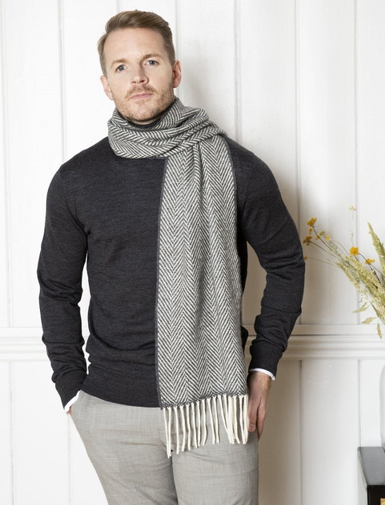 Cashmere Scarf - Bone & White Herringbone