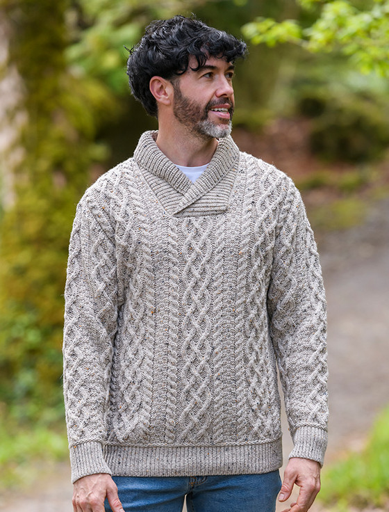 gray shawl collar sweater