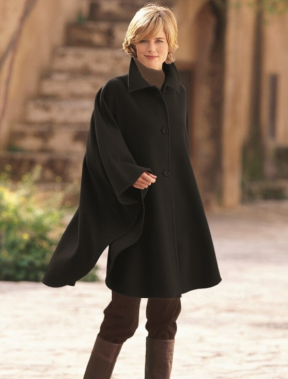 Cashmere Wool Cape With Saddle Stitching - Black [FREE Express