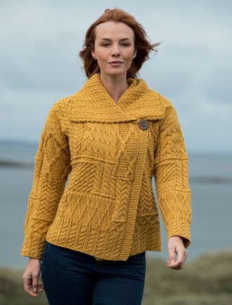 Wool patchwork Aran cardigan, Shawl collar cardigan