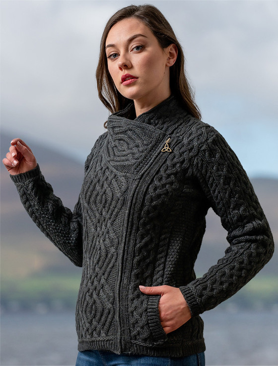 Cable Knit Jacket with Celtic Knot Side Zip