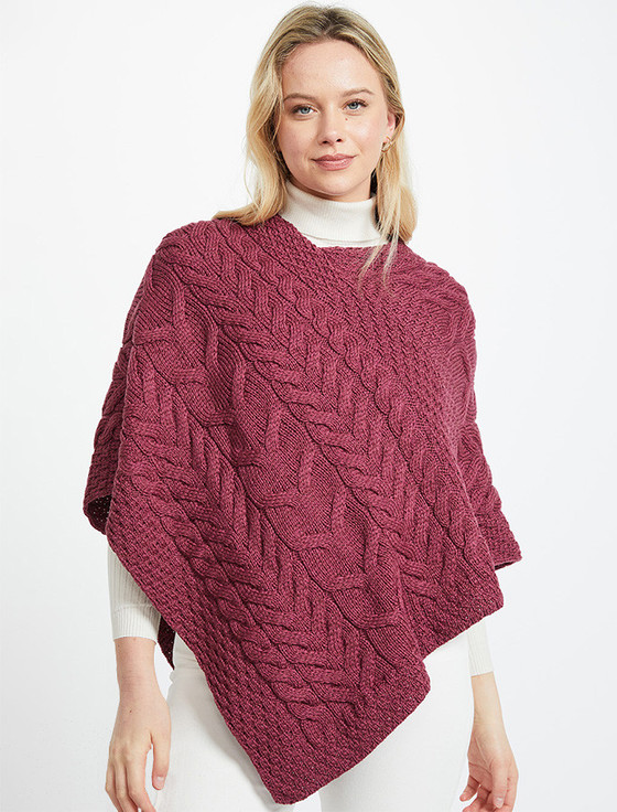 Irish Aran Cable Knit Wool Poncho - Adult