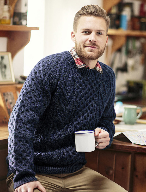 Mens Wool Sweater, 100% Pure Irish Wool, Made in Ireland, Blue