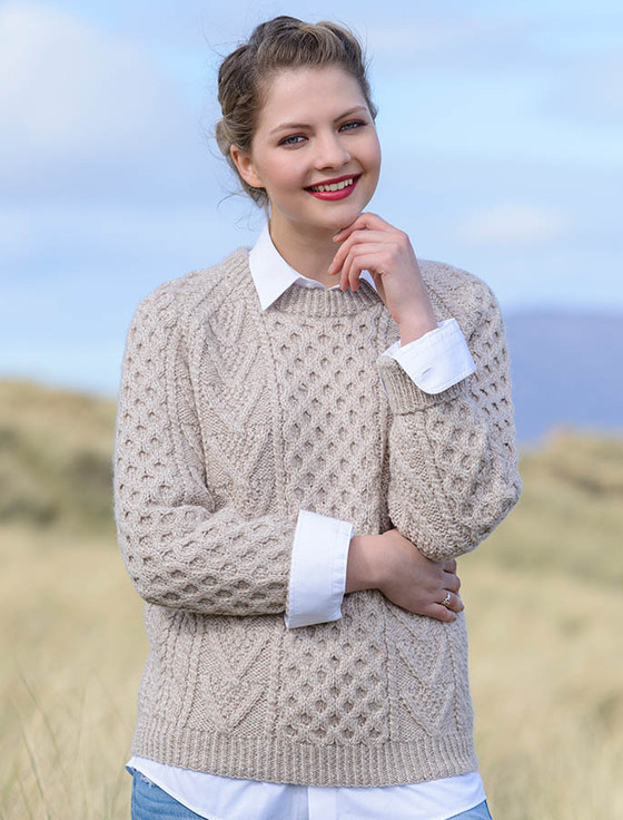 Buy Traditional Aran Sweater 100% Pure New Wool Oatmeal