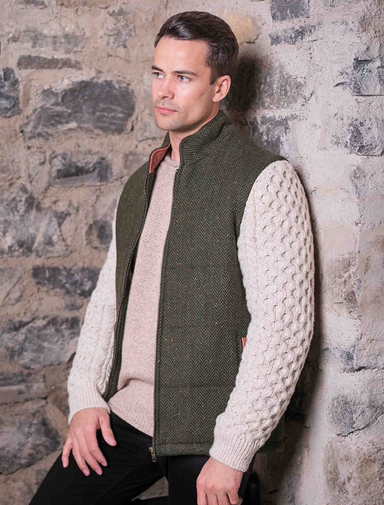 Shackleton Green Tweed Jacket With Cable Knit Sleeve | Aran