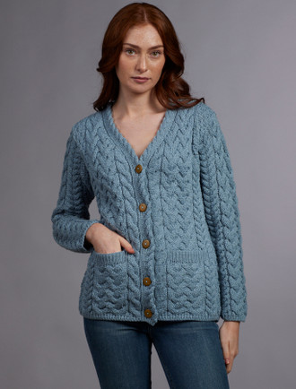 Super Soft V-Neck Button Up Cable Knit Cardigan | Aran