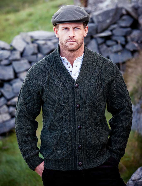 O'Connell's Irish Fisherman Aran Sweater - Green - Men's Clothing
