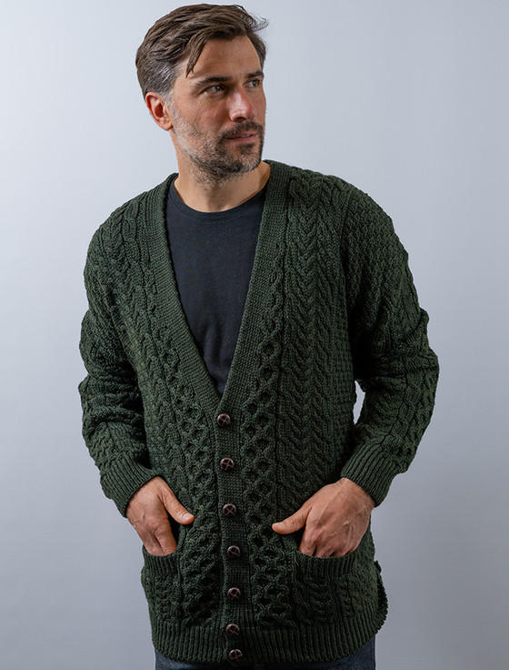 Arancrafts Irish Aran Cardigan - Emerald Green Marl (X3096)