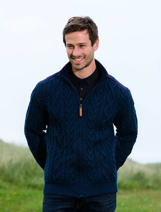 Full Zip Aran Cardigan with Patches | Aran Sweater Market