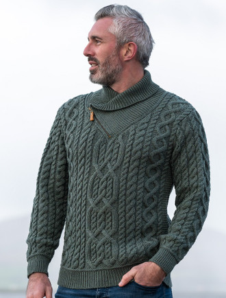 Aran Zip Shawl Neck Sweater | Aran Sweater Market