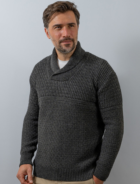 gray shawl collar sweater