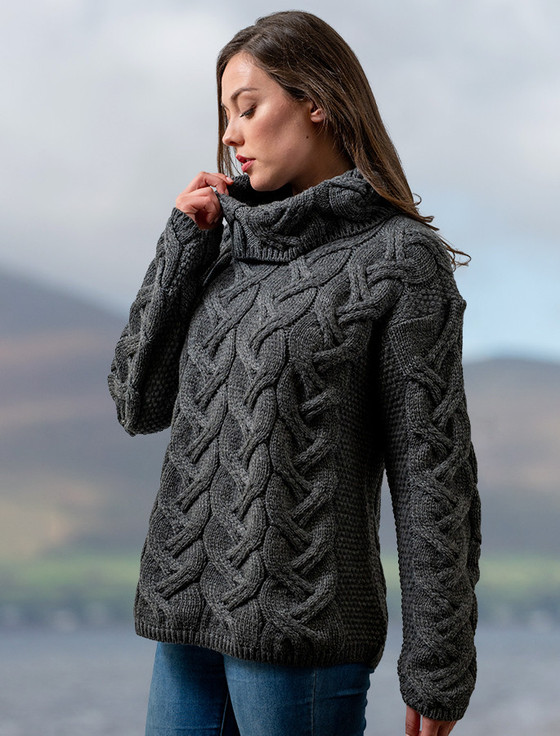 Aran Crafts Damson Zip Neck Sweater Jacket 100% MERINO WOOL Light Grey. 