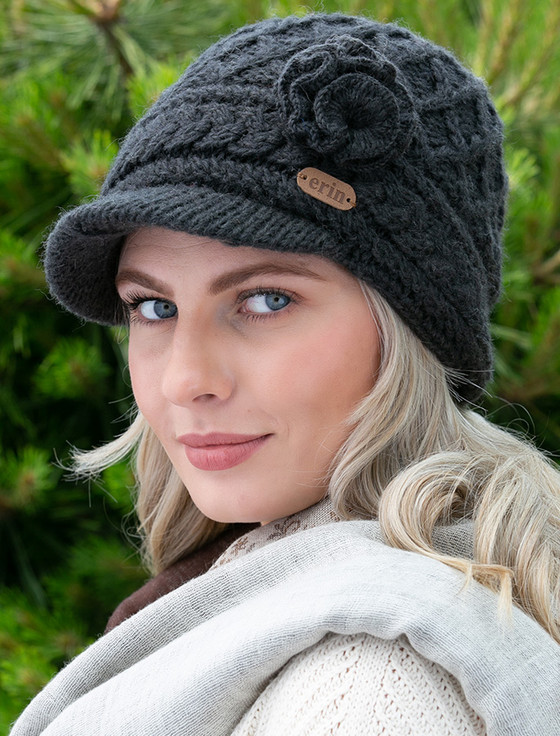 Ladies Aran Trellis Peak Hat With Flower | Aran Sweater Market