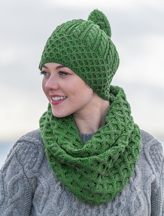 Merino Honeycomb and Cable Pom Hat | Connemara Green | Aran Sweater Market