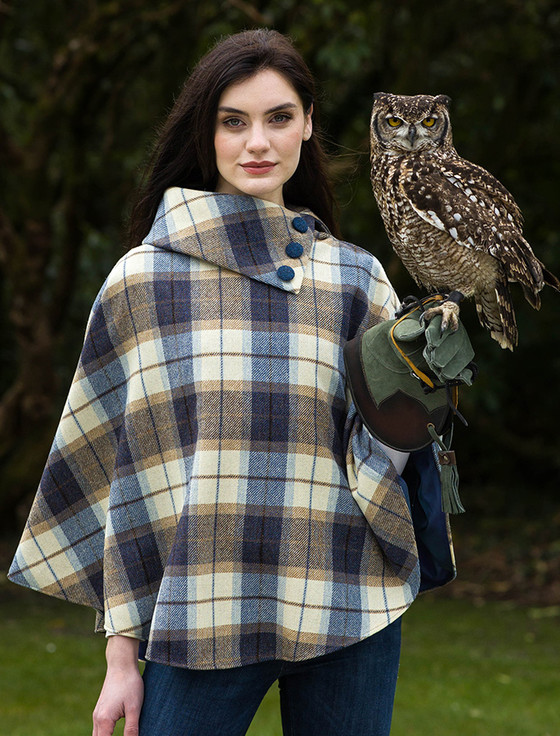 Mucros Tweed Poncho - Teal & Brown Plaid [FREE Express