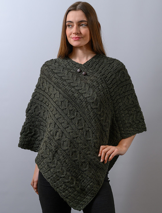 トップス Y's WOOL CABLE KNITTED WEARABLE PONCHO Solid Color Cable-Knit Button Turtleneck Poncho # P182