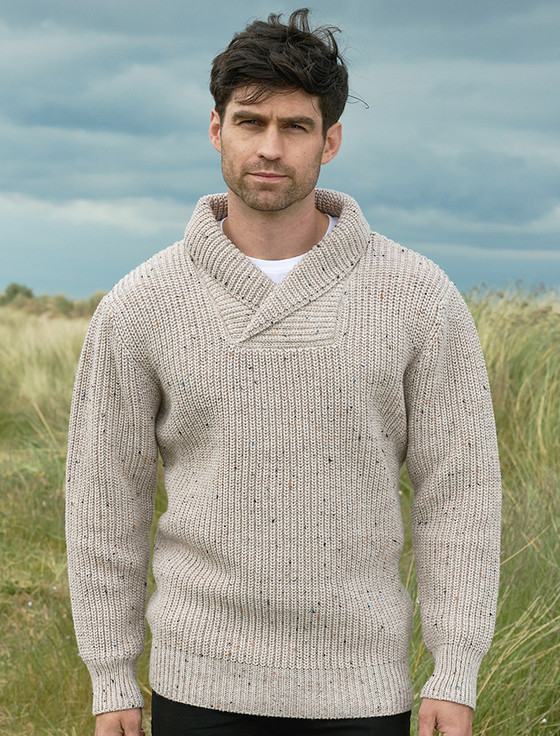 Merino Wool Ribbed Shawl Neck Cardigan | Oatmeal | Aran Sweater Market