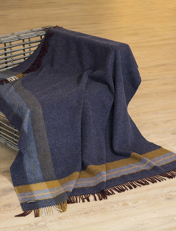 Mustard-Striped Navy Wool Blanket