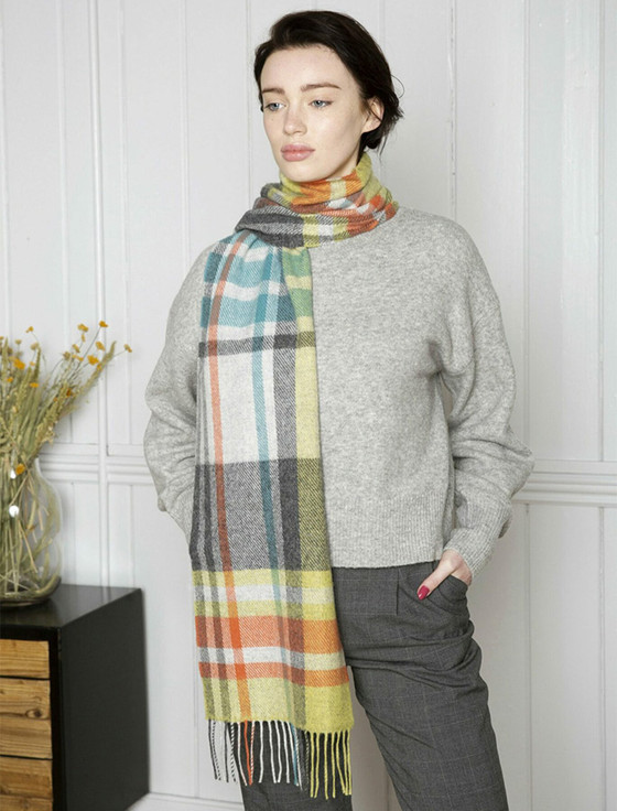 Long Blue Olive Plaid Narrow Lambswool Scarf | Aran Sweater Market