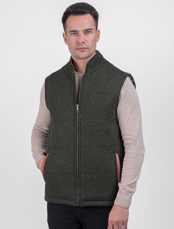 Men's Tweed & Leather Gilet - Green Herringbone