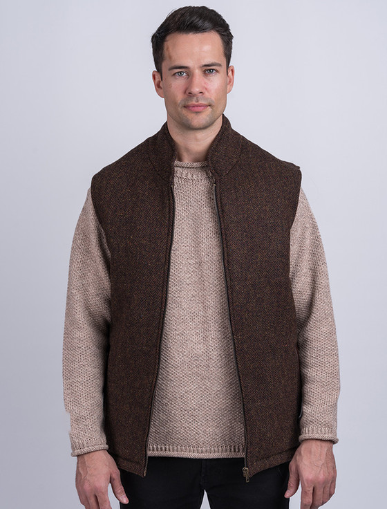 Men's Tweed & Leather Gilet - Green Herringbone | Aran Sweater Market