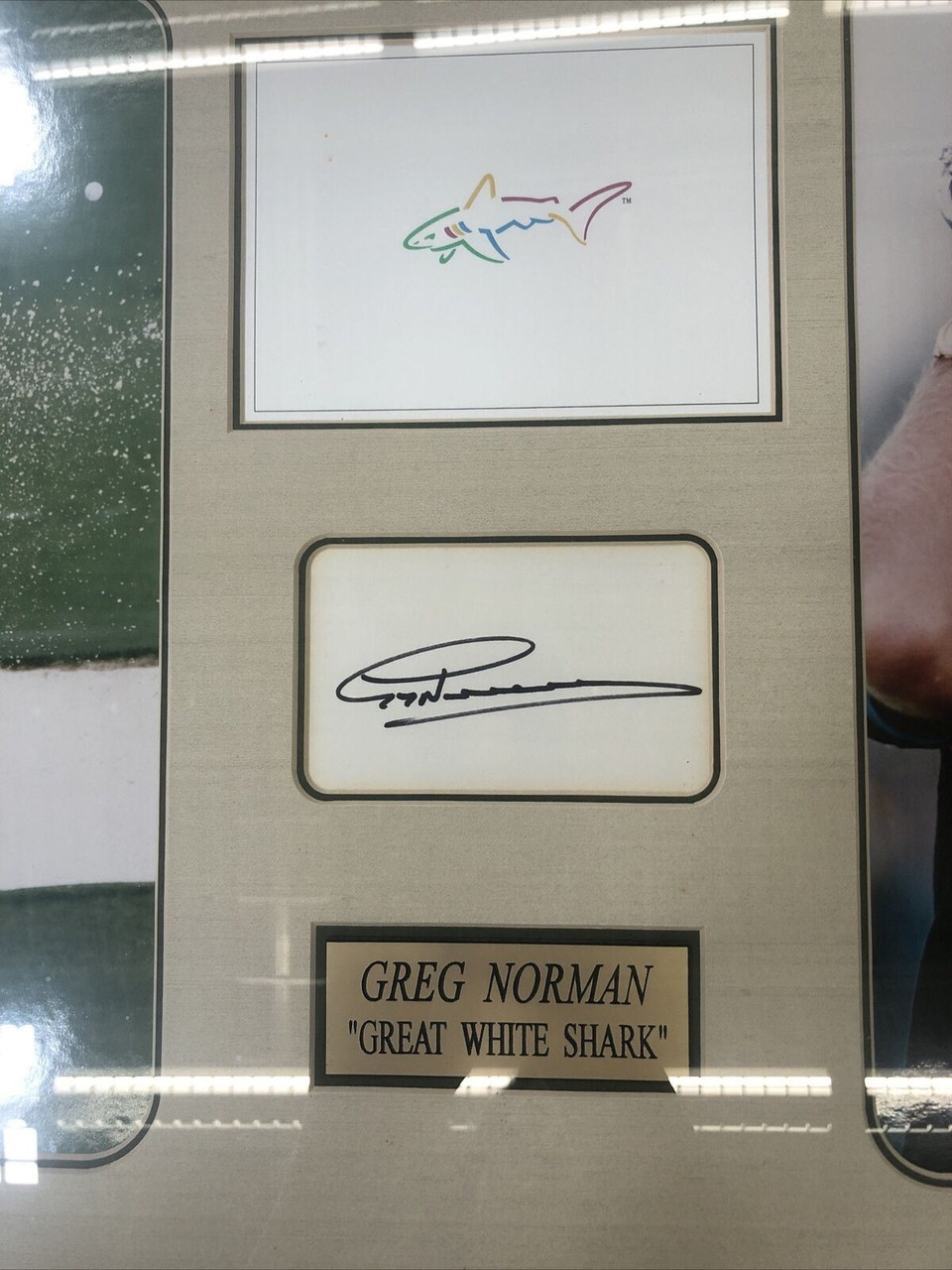 FRAMED GOLF PICTURES GREG NORMAN GREAT WHITE SHARK SIGNED - PREOWNED