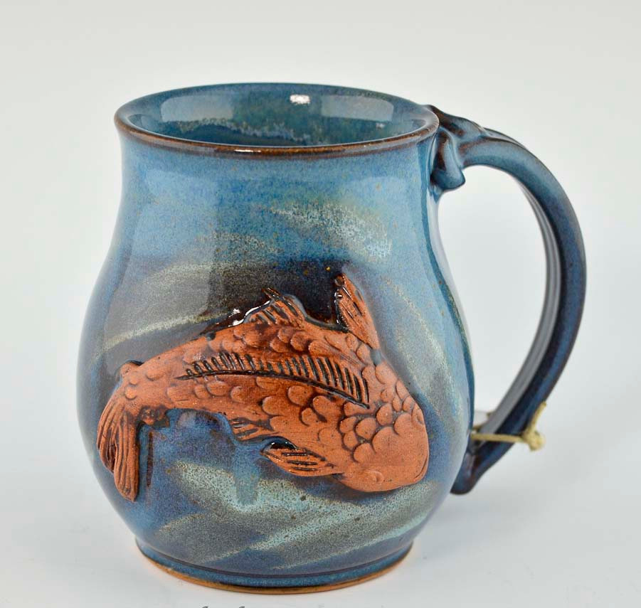 Handmade Pottery Mug Blue Seascape with Fish Gifted Pottery