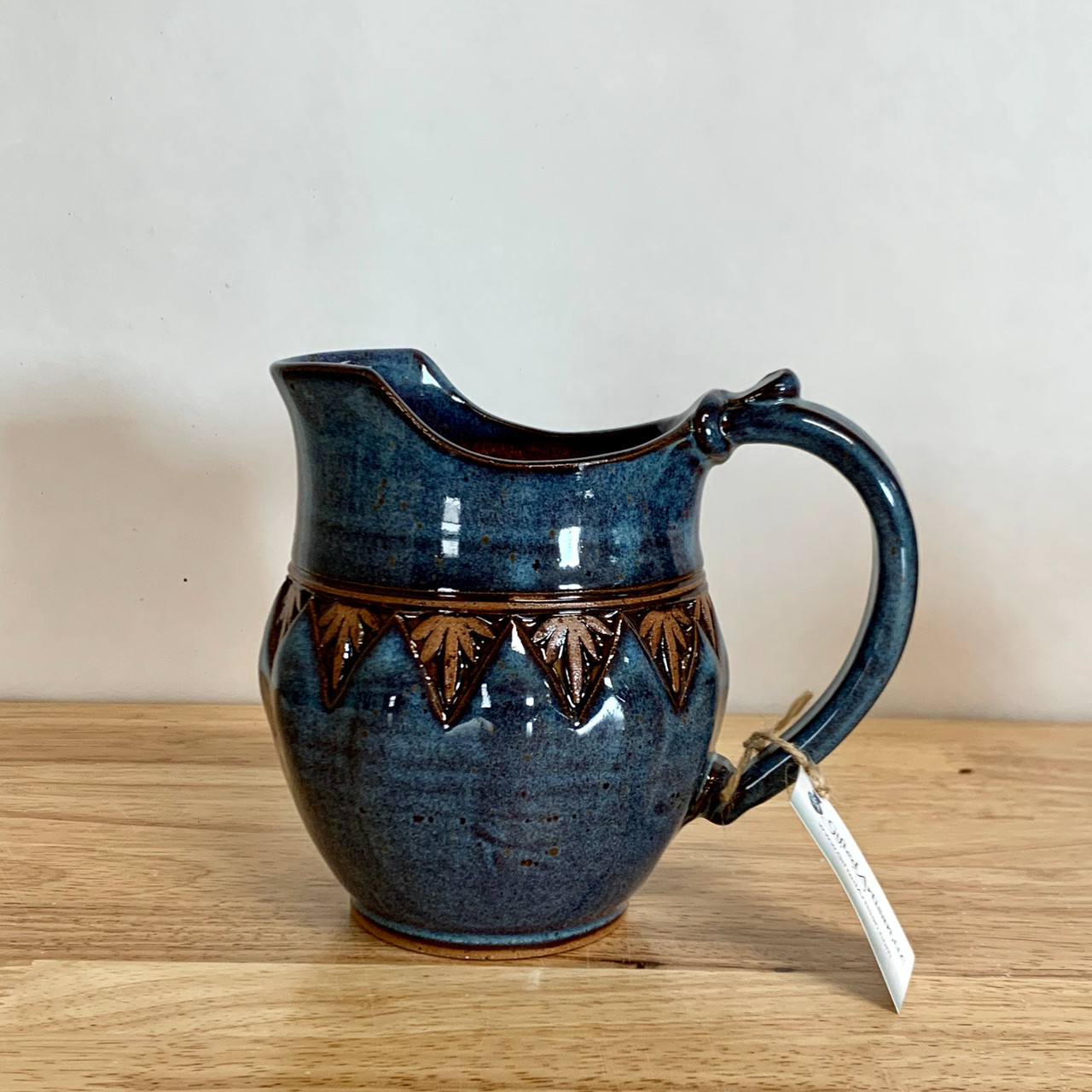 Handmade Pottery Small Pitcher / Gravy Boat Blue Glaze with Palm Design