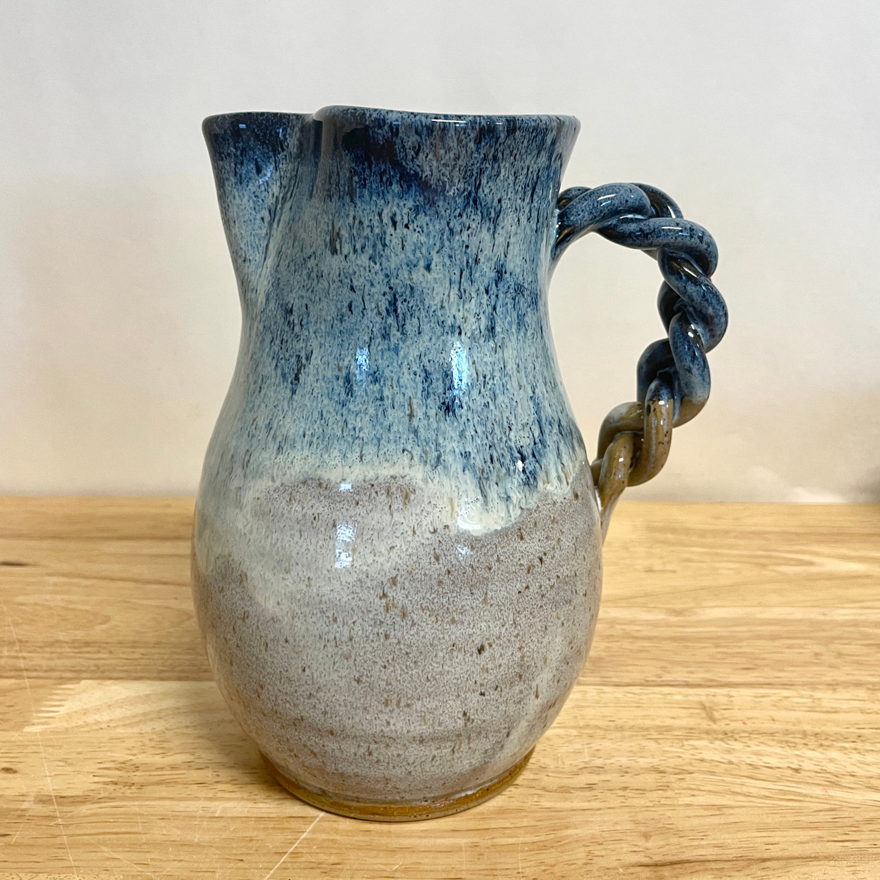 Handmade pottery pitcher w braided handle, 56 oz, blue brown glaze