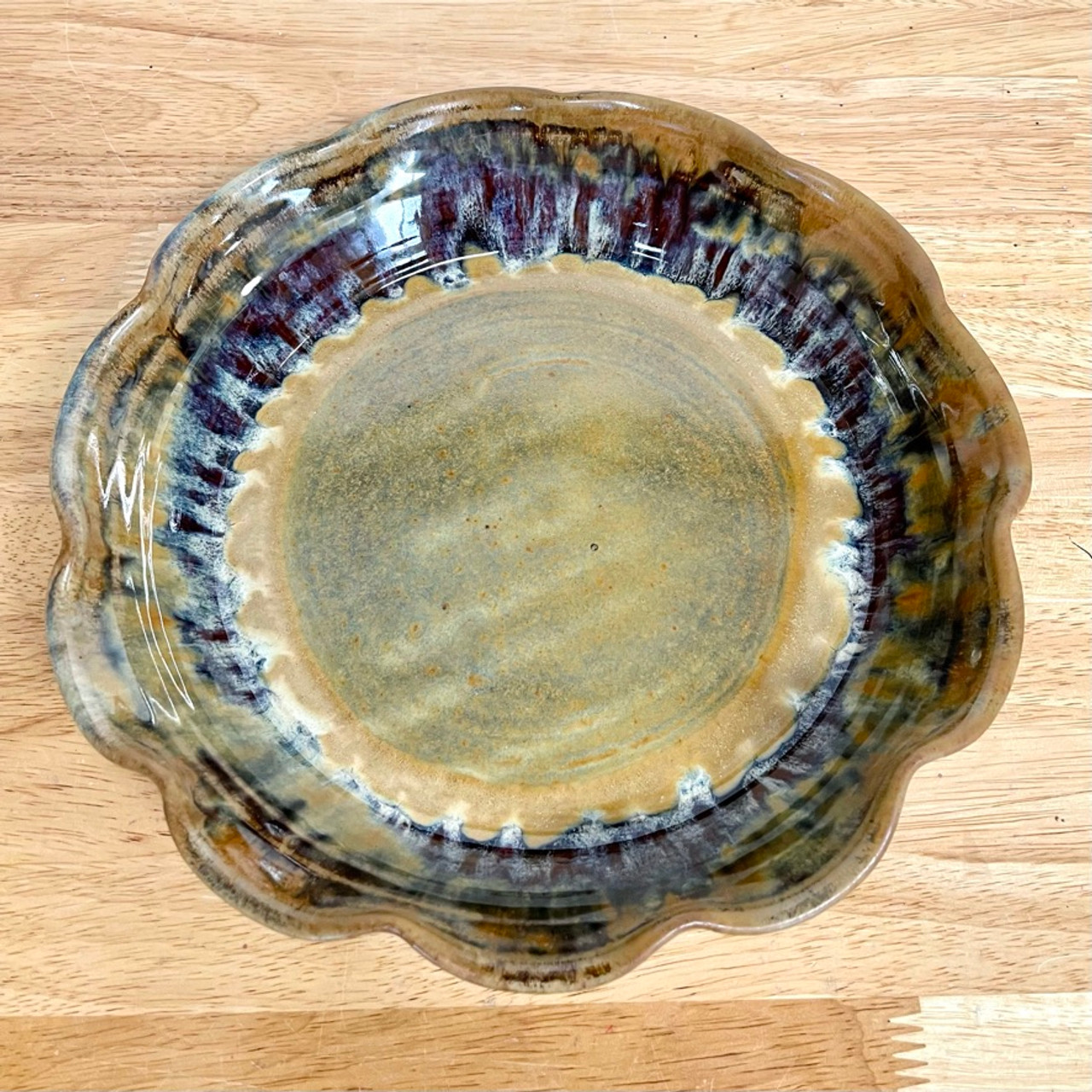 Handmade Pottery Fluted Pie Plate 8.5 in. Diameter Gray Green Glaze