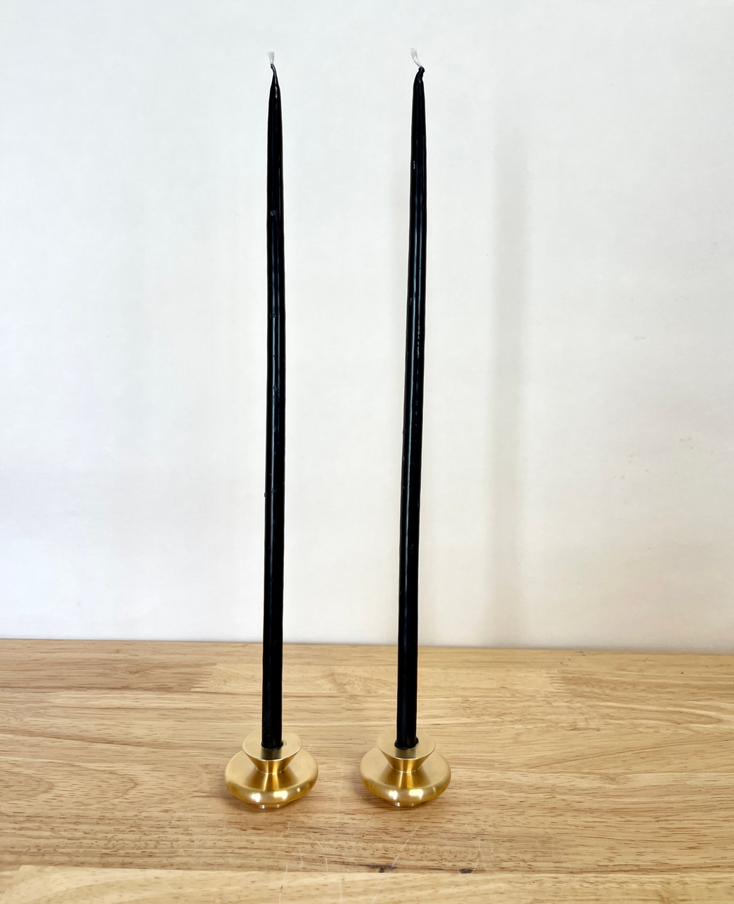 Small Brass Base Candle Stick Holder with Beeswax Candles-Black-sold in a  set