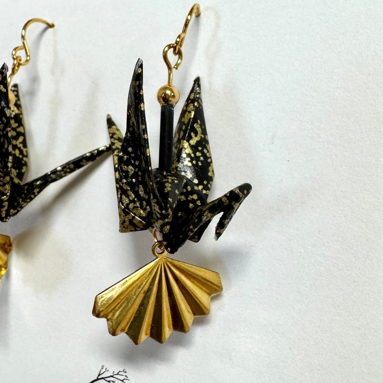 Handmade Black and Gold Origami Crane Earrings with Fan Charm
