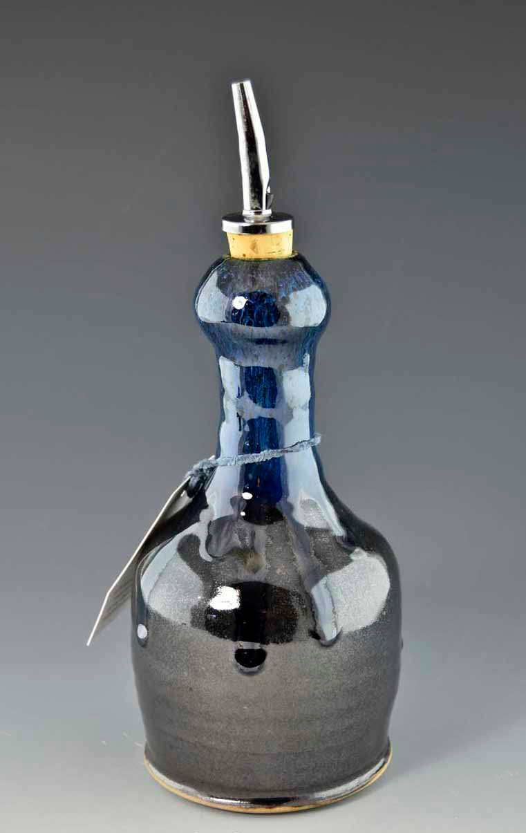 Large Handmade Pottery Oil Bottle / Dispenser Graphite Blue