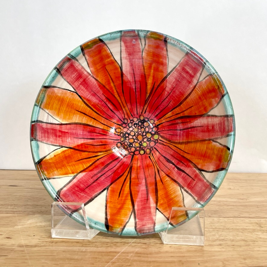 Handmade Pottery Serving Bowl with Lime and Olive Flowers. Hand Carved