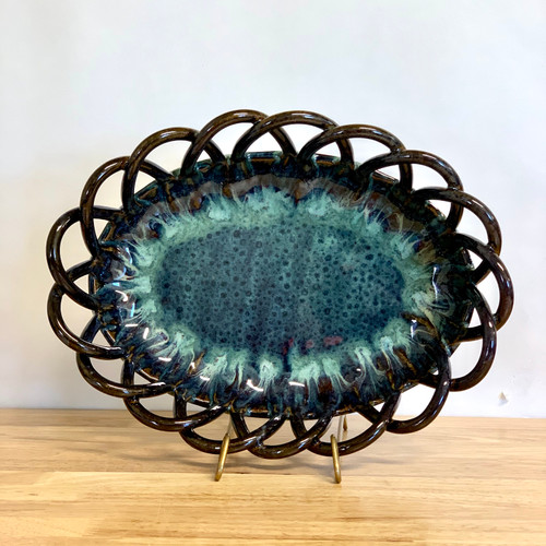 Handmade Stoneware Large Oval Fruit / Bread Basket in Peacock Blue Glaze