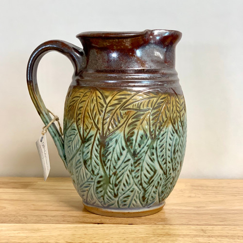 Handmade Stoneware Carved Leaf 7.75" Pitcher in Green and Plum Brown