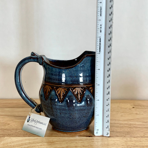 Handmade Pottery Small Pitcher / Gravy Boat Blue Glaze with Palm Design