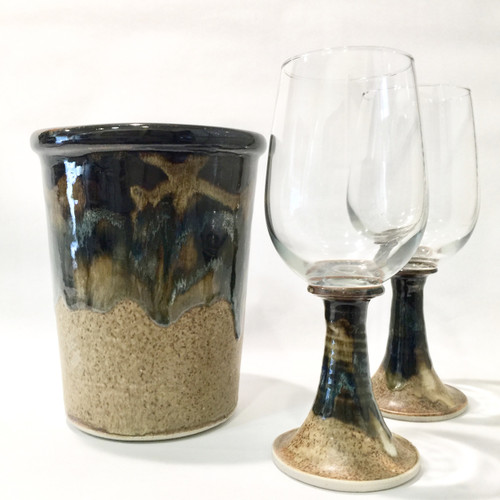 Multicolored Glaze Pottery Wine Glass / Wine Chiller Set