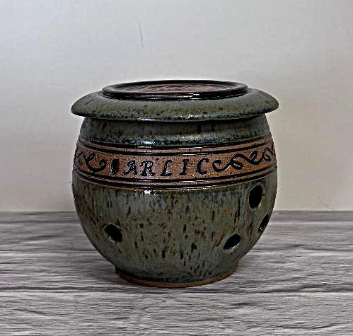 Handmade Pottery Banded Garlic Holder in Green