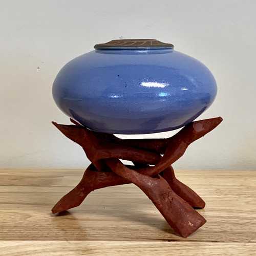 Handmade Pottery Light Blue Colored "Soul Pot" with Stand