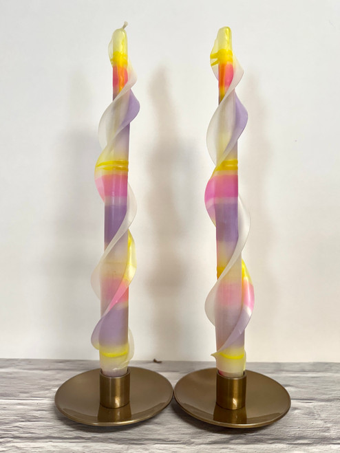  Handmade 100% Beeswax Double Flair Lavender, Pink and Ivory Plaid Taper Candle 12"