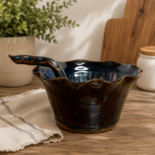  Handmade Stoneware Sauce Bowl with Spoon in Peacock Blue