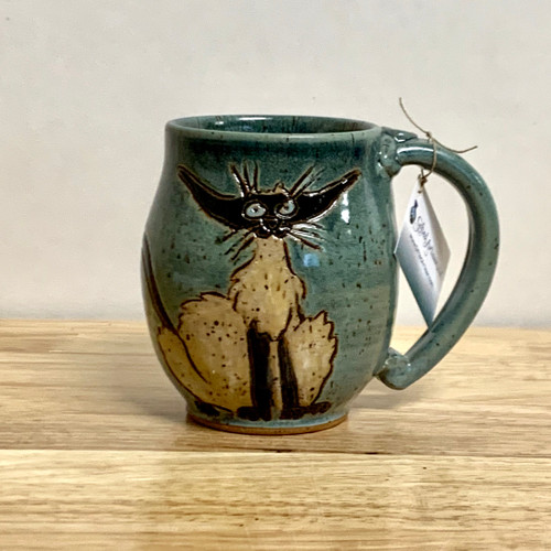  Handmade Pottery Blue Mug with Crazy Cat!  One of a Kind