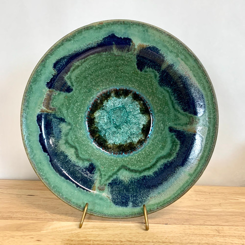 Handmade Pottery Flared 12" Bowl with Teal Glaze and Glass Center