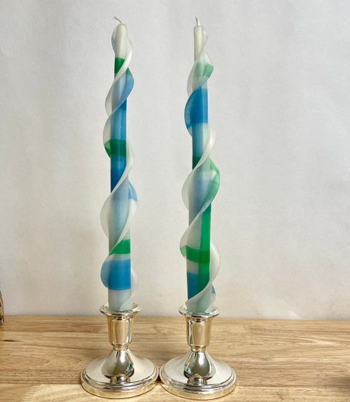  Handmade 100% Beeswax Blue and Green Plaid Taper Candle 12"