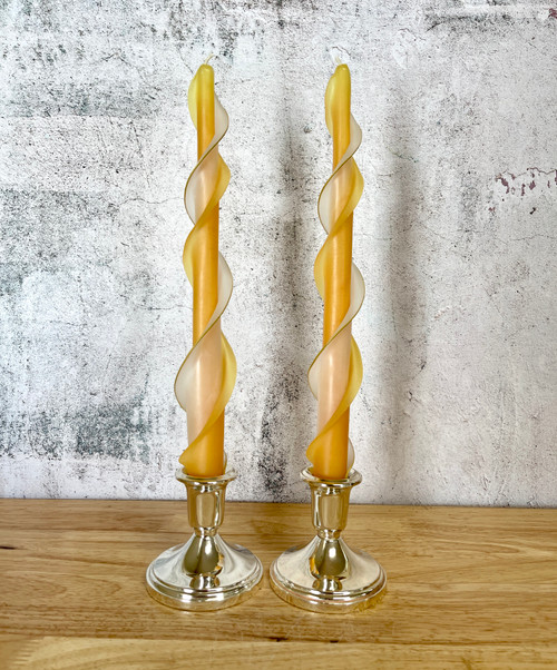  Handmade 100% Beeswax Double Flare Taper Candle 12" Gold and Ivory