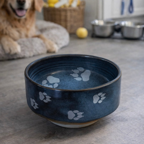 Handmade Sturdy Dog Bowl with Paw Prints. SM Adorable! Blue
