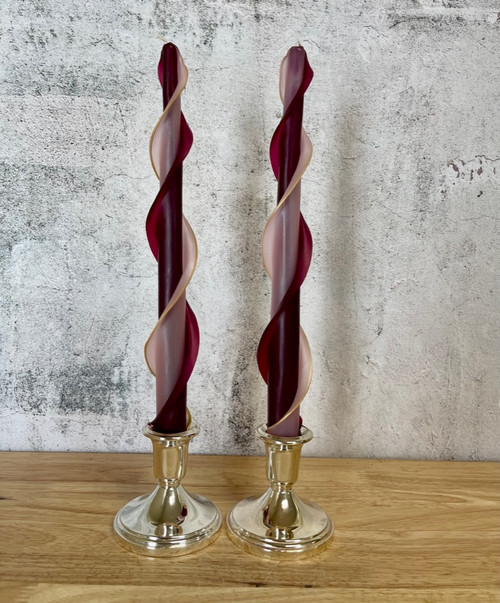 Handmade 100% Beeswax Double Flare Taper Candle in Wine and Pink 12"