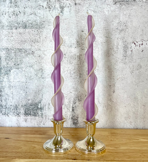   Handmade 100% Beeswax Double Flare Taper Candle in Lavender and Ivory 12"