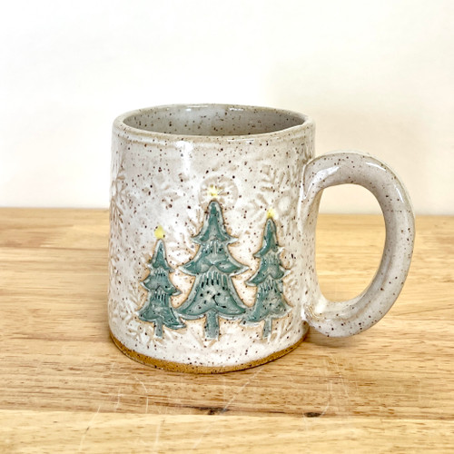 2 Handmade Ceramic White Mugs, 10 Oz Pottery Coffee Mugs With Tree Print,  Gift for Mom 